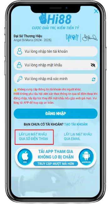Bước 1: Tại giao diện đăng nhập → Chọn "LẤY LẠI MẬT KHẨU QUA SĐT"
